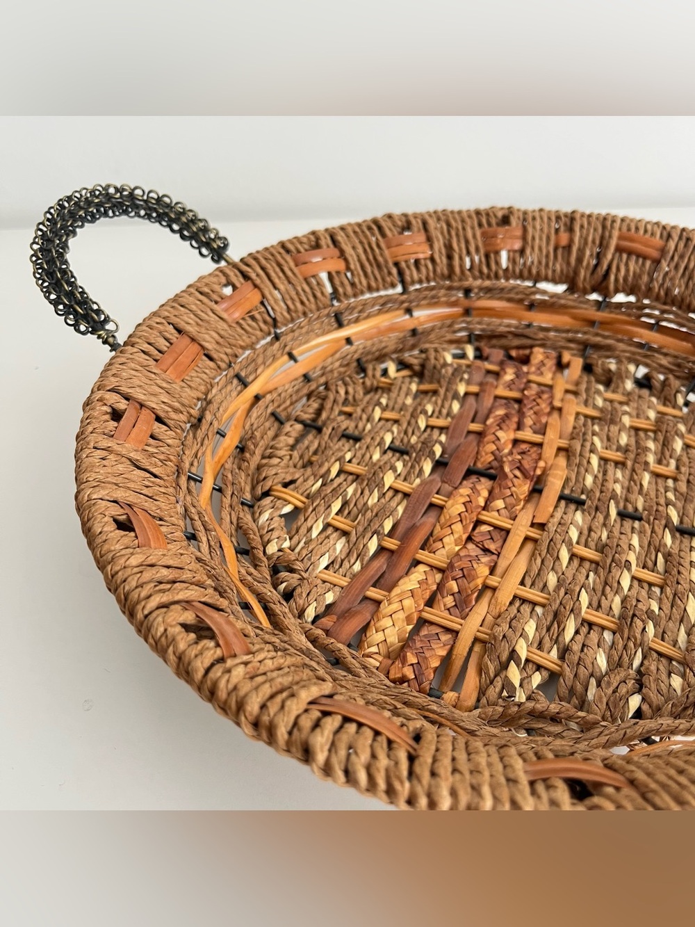 Vintage Handwoven Round Basket Wire Handles Mixed Material 11" Rustic Farmhouse